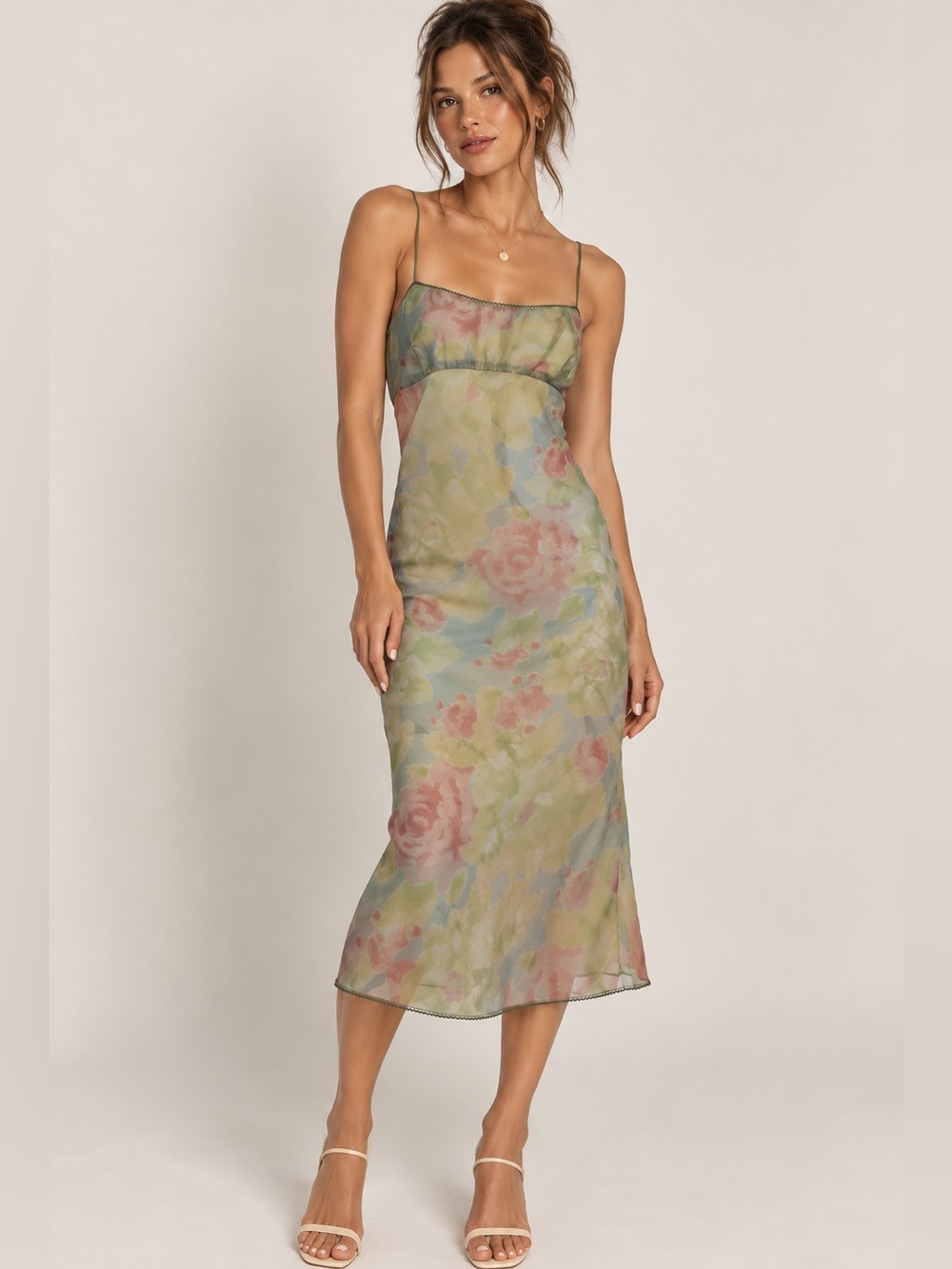 DKNY Y2K Floral Midi Dress Size 6 Spaghetti Strap Watercolor Slip Dress